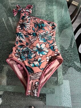 Visual Mood Girls Pink Floral One-Piece Swimsuit with Teal Accents S